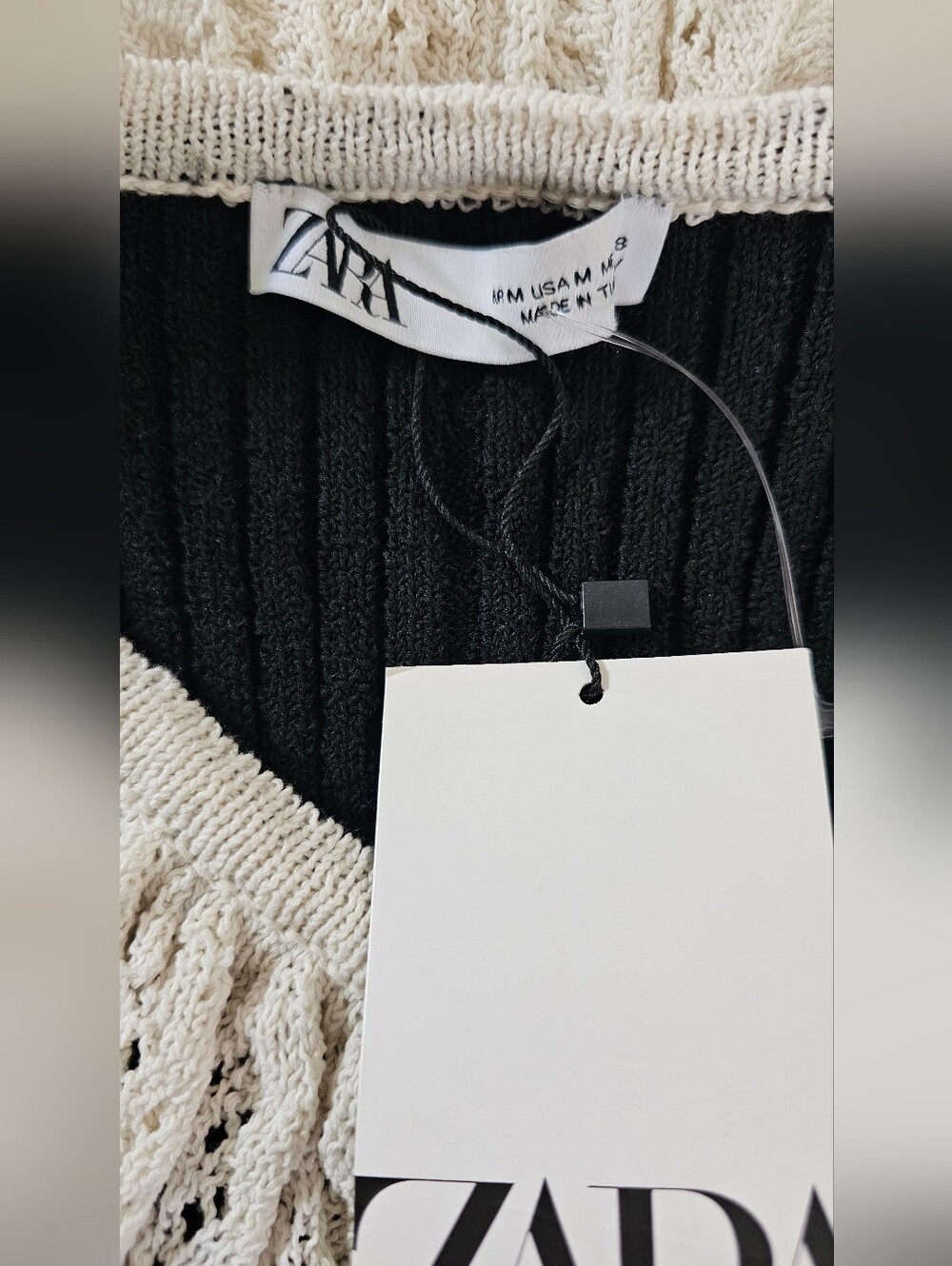Zara Black Knit Cardigan with Cream Ruffled Collar Size M - Picture 4 of 5
